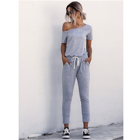 Contrast Tie Short Sleeve Grey Jumpsuit - Picture 6 of 16